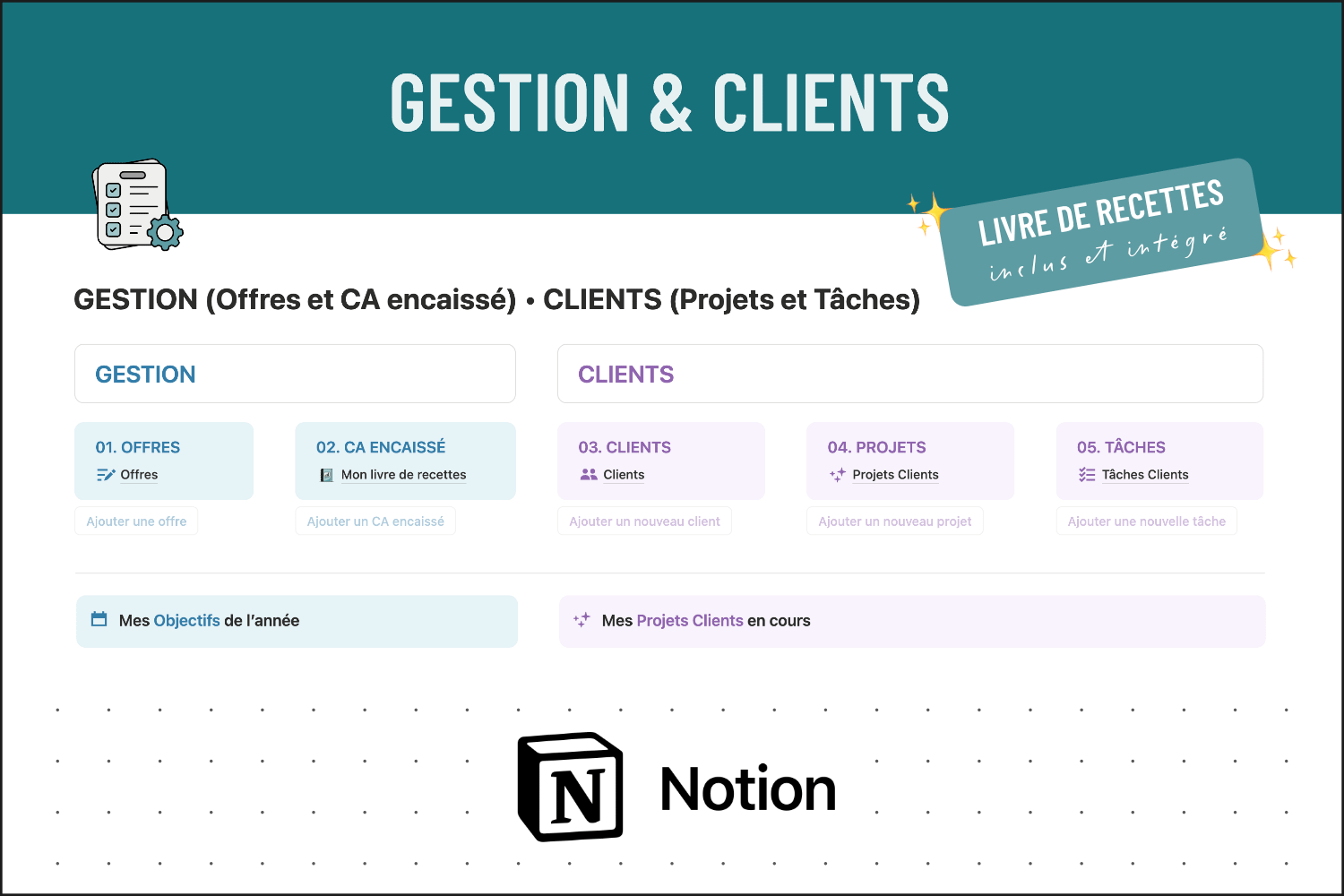 Template Notion Gestion Clients Offres CA encaissé Projets Tâches Livre de recettes GLAZ Studio