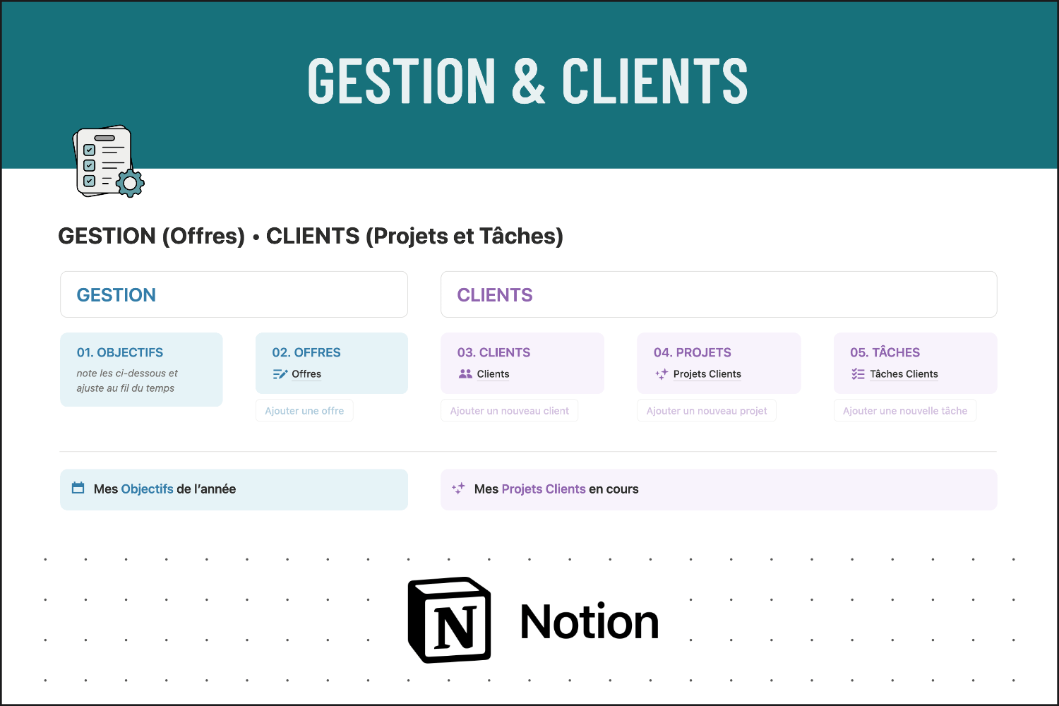 Template Notion Gestion et clients Offres Projets Tâches GLAZ Studio